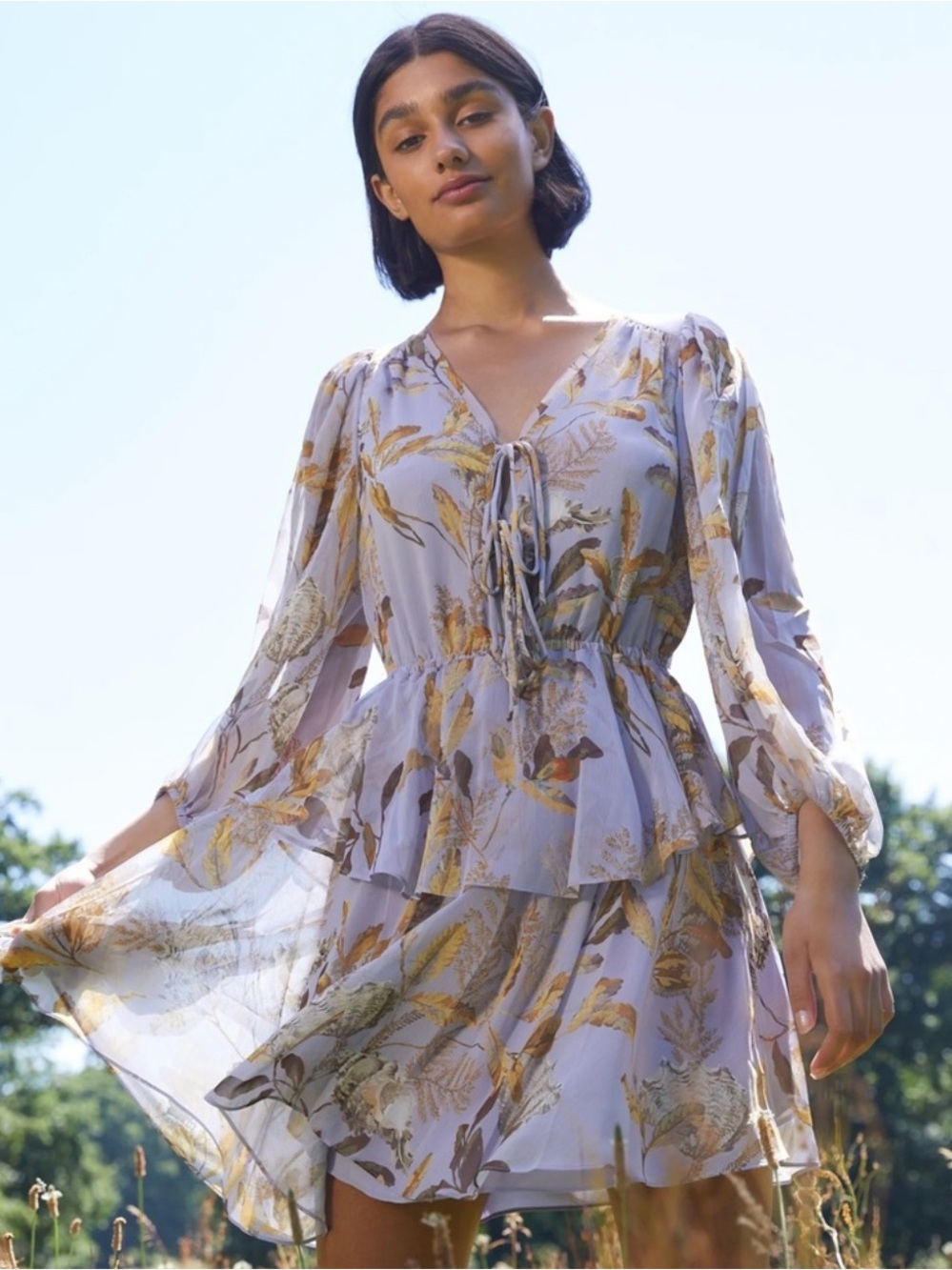 Ted Baker Gretia Printed Tie Front Mini Dress, featuring a light purple/lilac ba